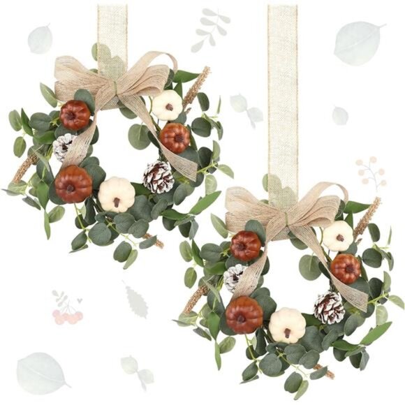 2 Pcs 9" Mini Fall Wreath Small Pumpkin Cabinet Wreath Autumn Eucalyptus Decor - Picture 1 of 7
